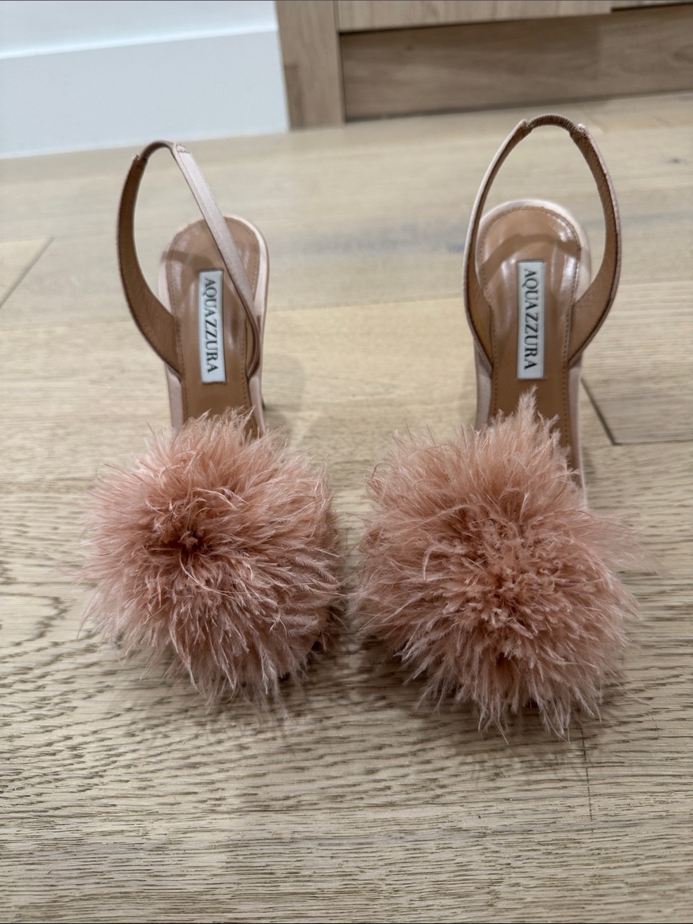 Aquazzura Blush Feather Pom Slingback Heels